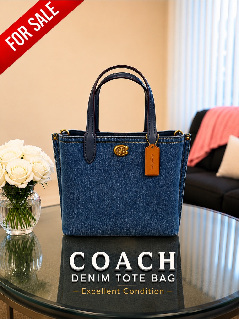 COACH Denim Tote Bag in Blue with Navy Trim and Tan Tag